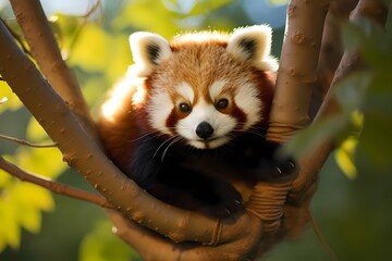 A tiny red panda lounging in a treetop hammock.