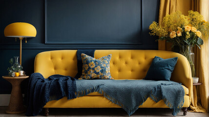 Yellow and Dark Grey Interior Room Design: Bright Comfortable Sofa with Woolen Plaid, Pillows, Coffee Table with Lamp, Textile Heavy Curtains on Windows, Huge Glass Vase with Fresh Roses, Dried Herbs