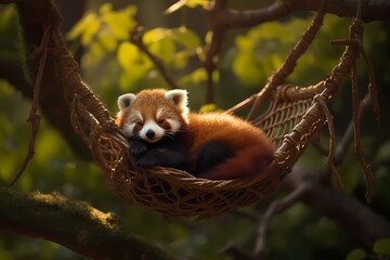 A tiny red panda lounging in a treetop hammock.