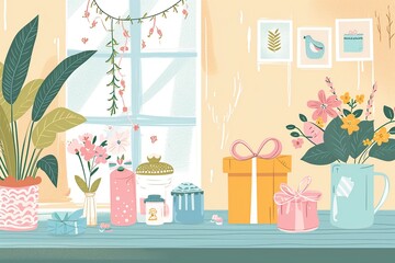 Handmade Gifts and Colorful Drawings in Cozy Home for Mother's Day