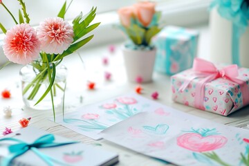 Handmade Gifts and Colorful Drawings in Cozy Home for Mother's Day