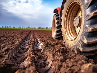 Closeup of tractor wheels on plowed field. - obrazy, fototapety, plakaty