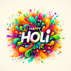 Happy Holi text on a background of bright multicolored paint splatters. Colorful explosion for Holi festival poster banner creative.