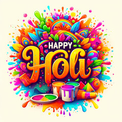 Fototapeta premium Happy Holi text on a background of bright multicolored paint splatters. Colorful explosion for Holi festival poster banner creative.