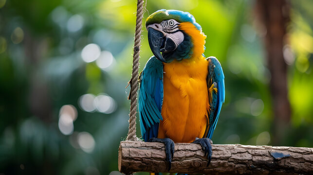 blue and yellow macaw ara, a curious and intelligent parrot perched on a swing, showing off its vibrant feathers