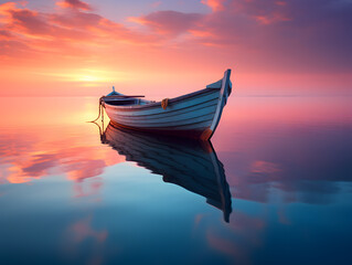Fishing boat on the water at sunset. Beautiful nature background.