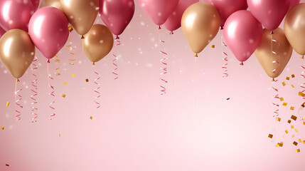 Obraz premium Holiday background with colorful balloons, confetti and ribbons. Holiday greeting card for birthday party, anniversary, New Year, Christmas or other events