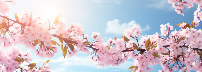 Obraz premium Spring banner with a branch of cherry blossoms in the garden. Cherry blossom frame. Spring background for a postcard