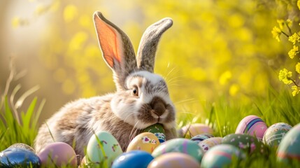 Fototapeta na wymiar Cartoon Easter rabbits in sunny garden with colorful eggs.