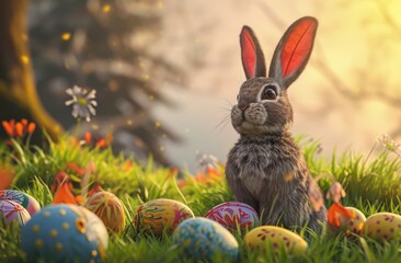 Cartoon Easter rabbits in sunny garden with colorful eggs.