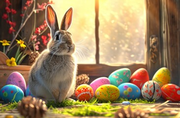 Cartoon Easter rabbits in sunny garden with colorful eggs.