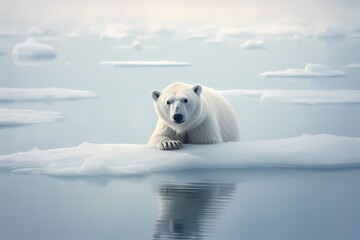 A tranquil scene of a solitary polar bear navigating the icy expanse of the Arctic.
