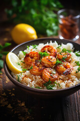 Grilled Shrimp over Rice with Lemon Garnish
