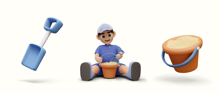 Boy is playing in sand. 3D shovel, sand bucket. Summer toys for playing outside. Toddler beach accessories. Concept of recreation with children. Summer camp