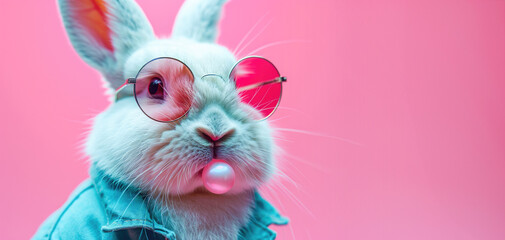 A stylish bunny in a denim shirt and sunglasses blowing a pink bubble gum bubble