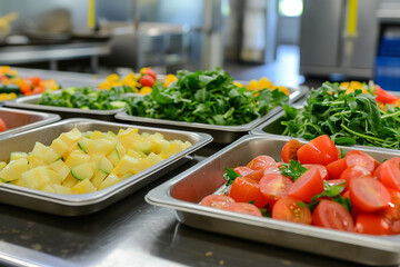 A school cafeteria offering a seasonal menu rotation - utilizing fresh local produce to provide...