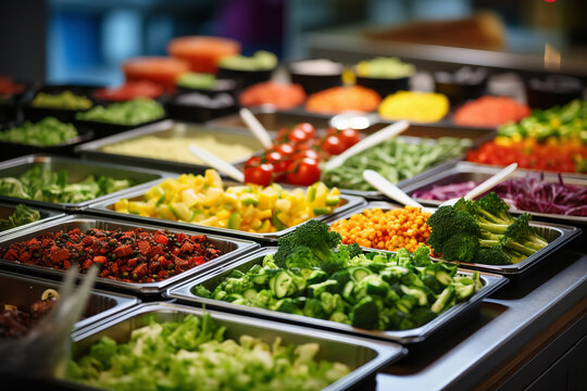 A school cafeteria featuring a build-your-own-salad bar - offering a variety of fresh vegetables and customizable options for creating nutritious and appealing meals.