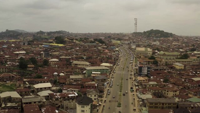 Aerial view of Lagos Lekki-Epe Expressway showing residential buildings and the lagoon, Lagos, Nigeria.
