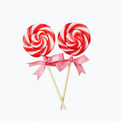 Red and White Swirl Lollipops with Pink Ribbons on White Background
