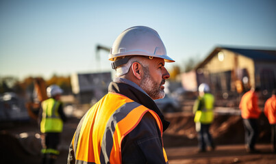 Professional engineers discussing about blueprints and effectivity at construction site