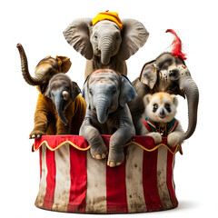 Circus animals performing tricks isolated on white background, cinematic, png
