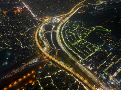 Aerial view of Dhaka Elevated Expressway at night in Dhaka, Bangladesh.