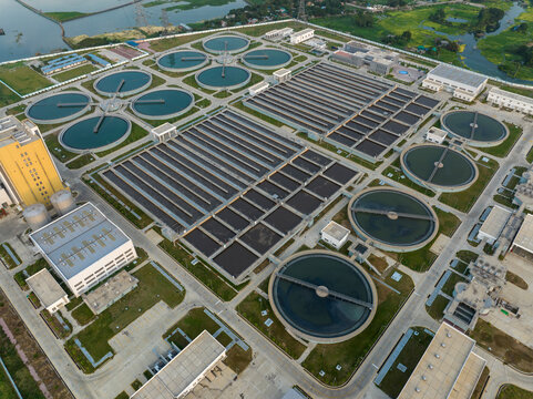Aerial view of largest sewage treatment plant in Dasherkandi, Dhaka, Bangladesh.