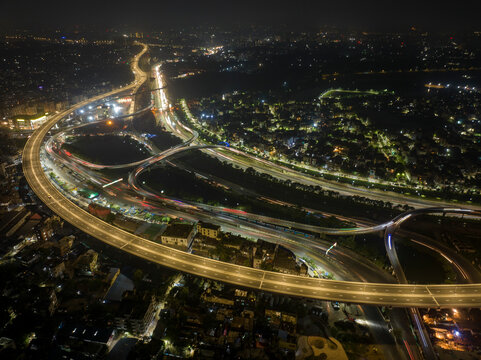 Aerial view of Dhaka Elevated Expressway at night in Dhaka, Bangladesh.