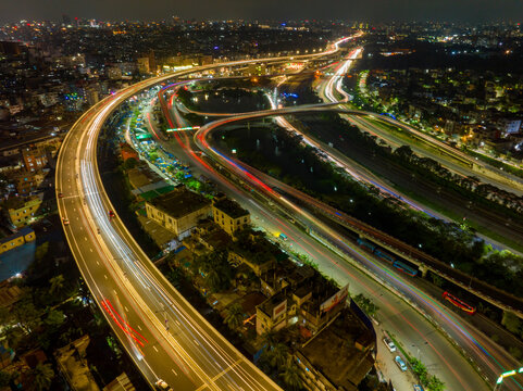 Aerial view of Dhaka Elevated Expressway at night in Dhaka, Bangladesh.