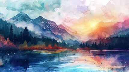 A bright and colorful watercolor landscape, where mountains come to life with bright shades and wa
