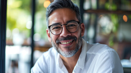 Obraz premium Smiling man with a beard and glasses, wearing a white shirt, against a softly blurred indoor background.
