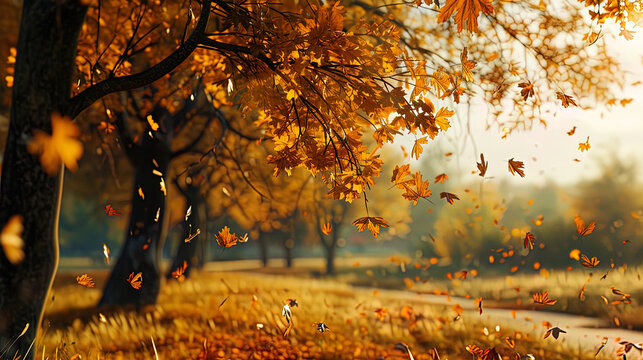 Autumn landscape with golden leaves on trees that fall, dancing in the wind