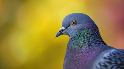 A vibrant portrait of a pigeon, its iridescent plumage gleaming against a soft-focus backdrop of autumn hues