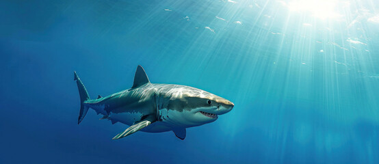 A majestic great white shark glides under sunlit waters, embodying the serene yet formidable essence of ocean life