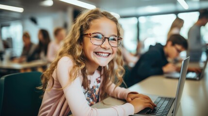 Joyful Young Girl with Glasses at Computer Class - obrazy, fototapety, plakaty