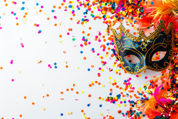 Carnival party background.Venetian mask on white background with confetti. Copy space