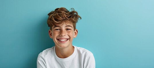 Smiling caucasian boy model with perfect teeth on blue background for ads and web design - obrazy, fototapety, plakaty