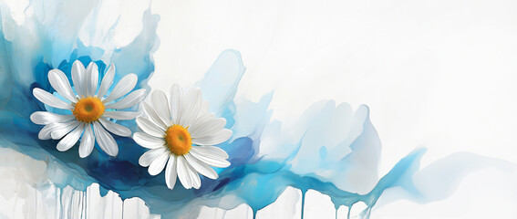 Tapeta kwiaty, abstrakcyjne tło, pastelowe stokrotki, niebieska akwarela - obrazy, fototapety, plakaty