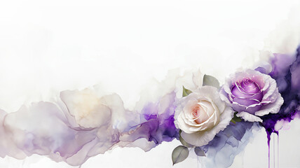 Pastelowe tło kwiatowe akwarela, abstrakcyjne fioletowe róże, puste miejsce - obrazy, fototapety, plakaty
