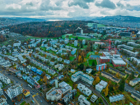 Aerial view of the city of Zurich in the winter morning, Switzerland.