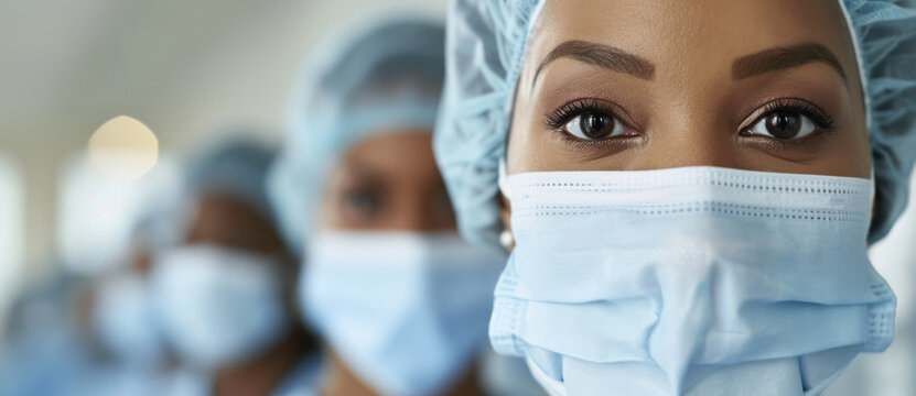 The determined eyes of a healthcare professional gaze forward, masked and capped, the epitome of medical dedication