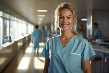 Smiling Blonde Nurse in Hospital Environment - 710713695