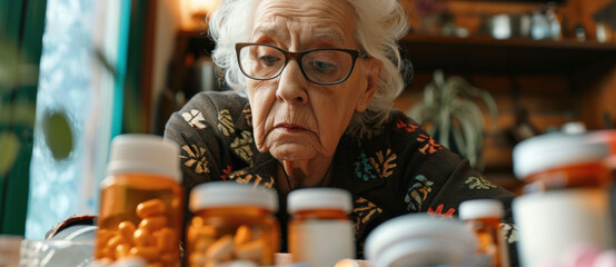 An elderly woman examines a plethora of medication bottles with concern, reflecting the complexities of healthcare in old age
