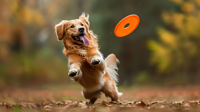 Golden Retriever Dog, A Joyful Golden Retriever Catching A Frisbee Mid-air, Demonstrating Its Agility And Enthusiasm