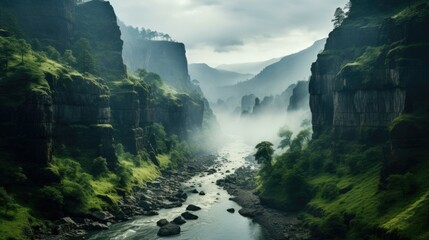 Mystical Canyon River in Morning Fog - 710714427