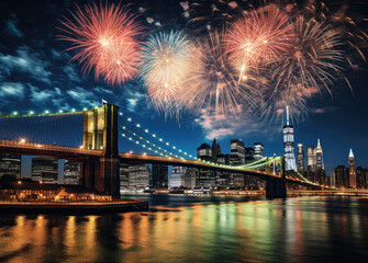 Fireworks Display Over Brooklyn Bridge at Night - 710714445