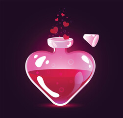 Bottle with love potion. Icon magic elixir.Design elements for Valentines day. Love. Vector illustration.Games.Cartoon style.