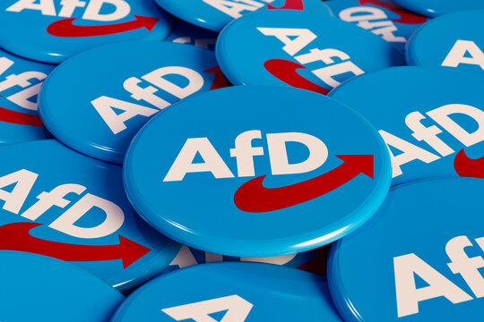 AFD - Altenative f&uuml;r Deutschalnd (Alternative for Germany) . Some political badges, campaign button on the table. German party, opposition, government. 3D illustration