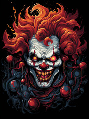 T-shirt design inspired by a terrifying clown, black background created with Generative Ai