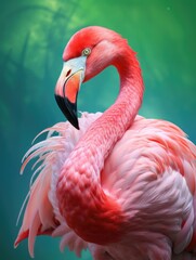 Vibrant Pink Flamingo On Green Background